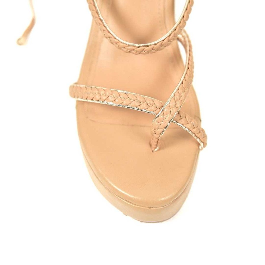 Shoes OQ Shoes | Leather Sandal With Sea Wheat X Gold Heel