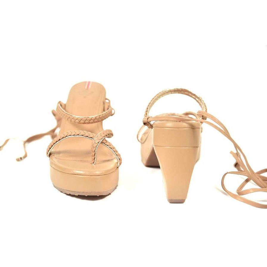 Shoes OQ Shoes | Leather Sandal With Sea Wheat X Gold Heel